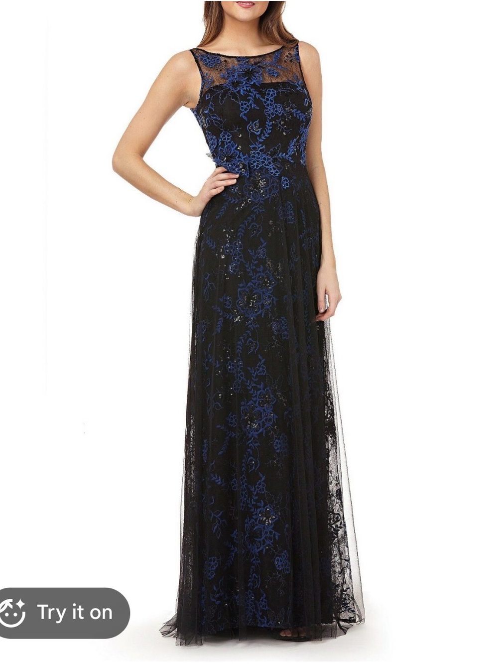 Teri Jon Black and Blue Floral Lace Maxi Dress